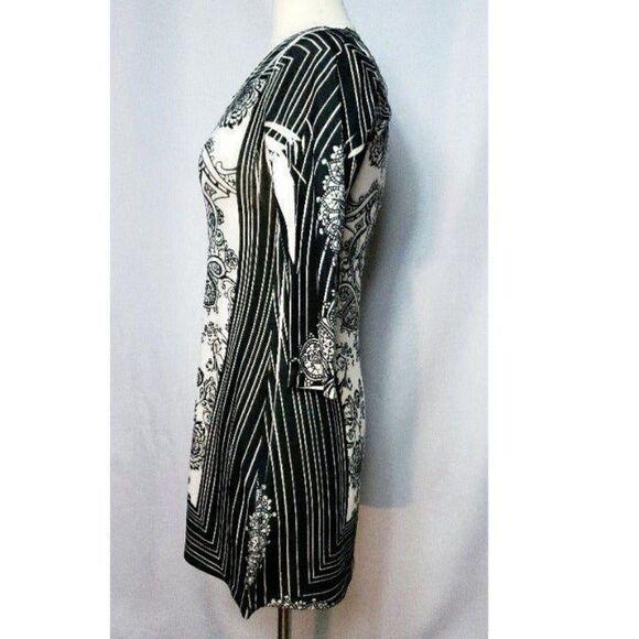Women Black and White Long Sleeve Silk Midi Stretch Dress Medium - Picture 5 of 7